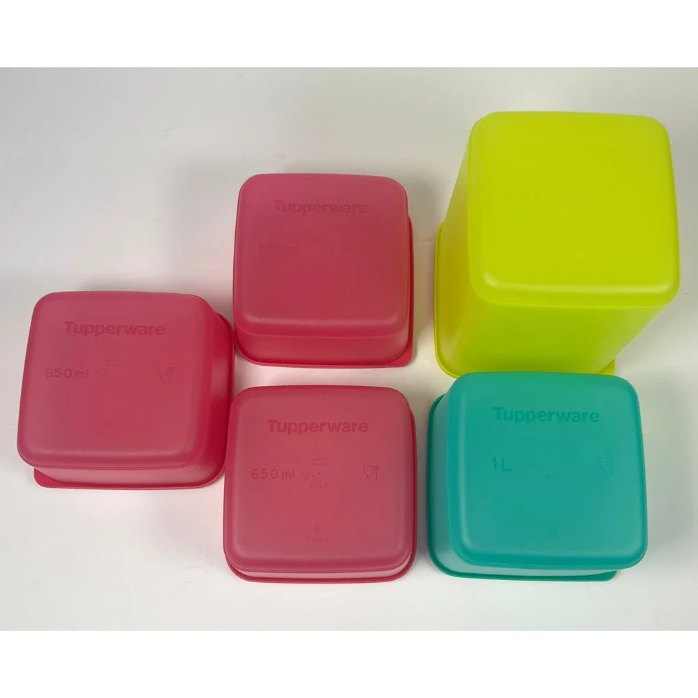 Tupperware‎ Basic Bright Square Storage Container Set 5 Pink Yellow Green